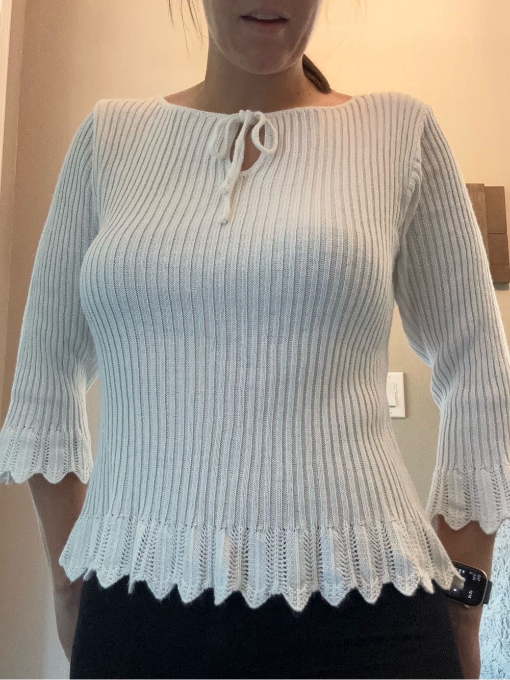 united states sweaters White Ribbed Knit Tie-Neck Top